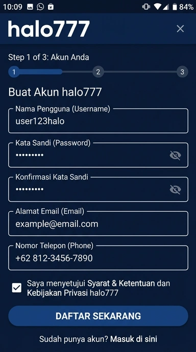 Tampilan halaman daftar halo777